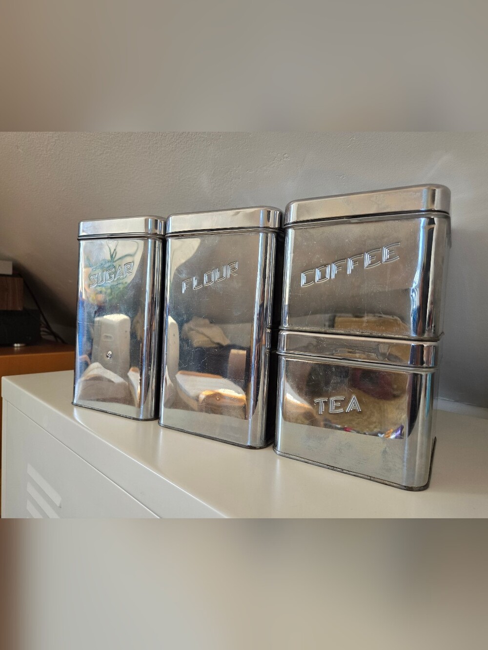 Set of four vintage Cannister Masterware chrome canisters from the 1950s